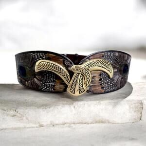 Vintage 80s Comeco Genuine Peacock Feather Belt - Gold Chevron Buckle